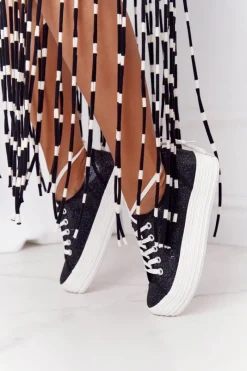 Hot Brokatowe Tenisówki Na Platformie Czarne Luna Damskie Trampki Damskie Niskie