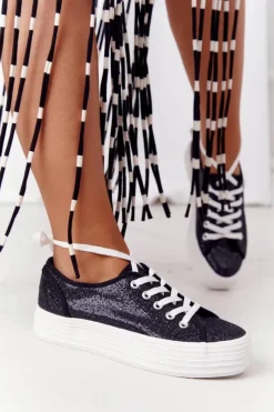 Hot Brokatowe Tenisówki Na Platformie Czarne Luna Damskie Trampki Damskie Niskie