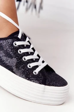 Hot Brokatowe Tenisówki Na Platformie Czarne Luna Damskie Trampki Damskie Niskie