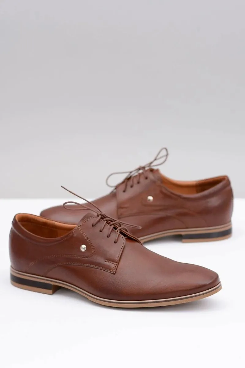 Discount Brązowe Eleganckie Skórzane Półbuty Refugio Męskie Półbuty Casual