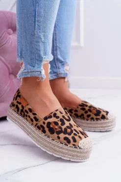 Brązowe Wsuwane Zamszowe Espadryle Leopard Mariako Damskie Czarne Espadryle