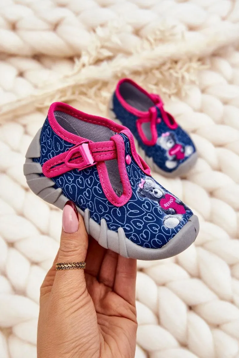 Buty Papcie Miś 110P469 Granatowo-Różowe Dzieci Dziewczęce