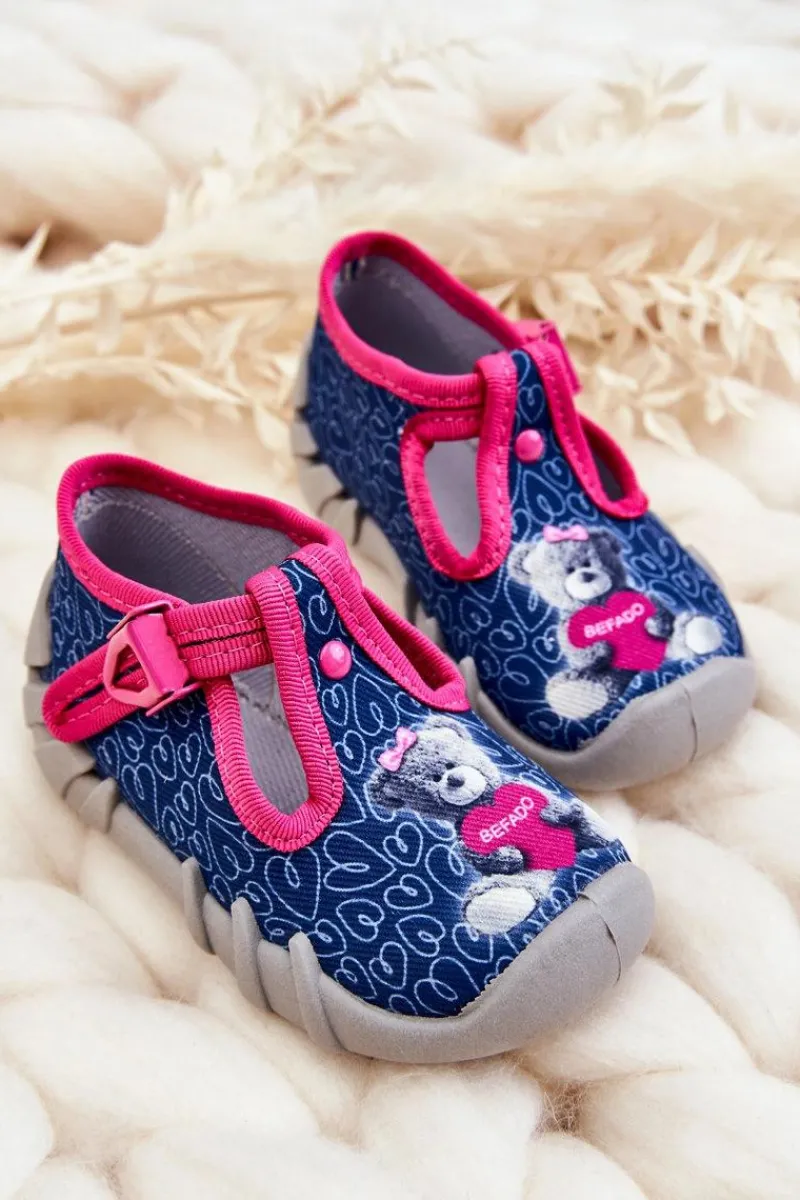 Buty Papcie Miś 110P469 Granatowo-Różowe Dzieci Dziewczęce