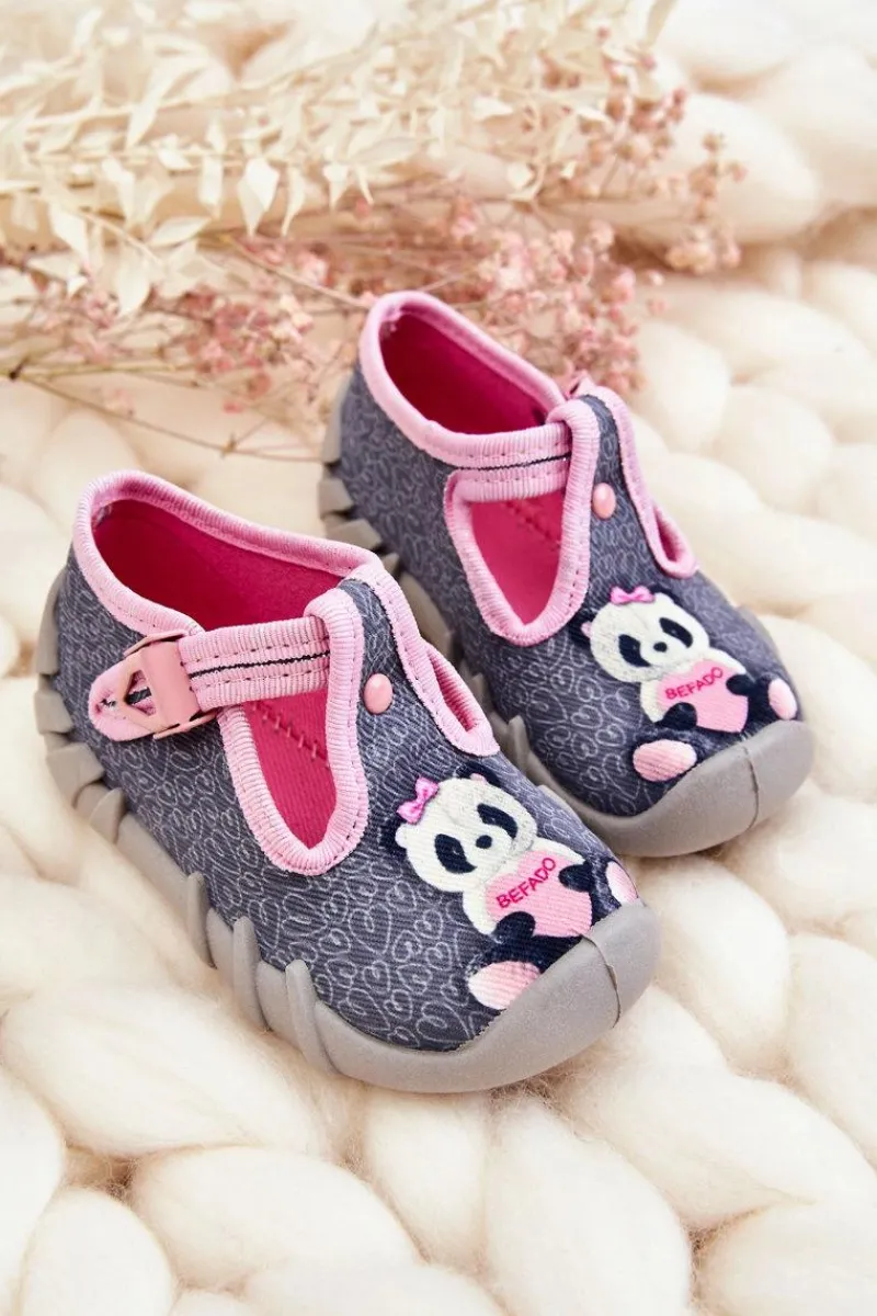 Outlet Buty Papcie Pandy 110P470 Szaro-Różowe Dzieci Dziewczęce