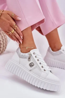 New Buty Sportowe Damskie Na Platformie Z Eko Skóry Białe Velionna Damskie Buty Sportowe Na Platformie|Sneakersy Damskie