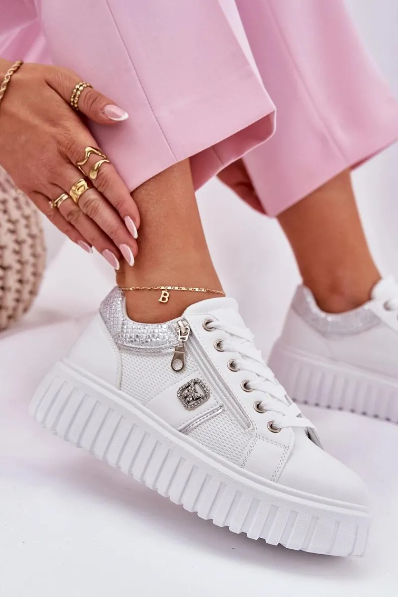 New Buty Sportowe Damskie Na Platformie Z Eko Skóry Białe Velionna Damskie Buty Sportowe Na Platformie|Sneakersy Damskie
