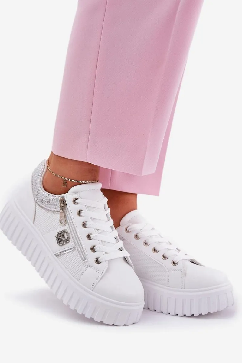 New Buty Sportowe Damskie Na Platformie Z Eko Skóry Białe Velionna Damskie Buty Sportowe Na Platformie|Sneakersy Damskie
