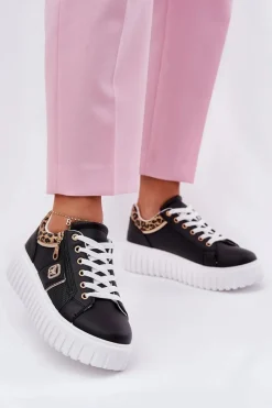 Buty Sportowe Na Platformie|Sneakersy Damskie>Boto Buty Sportowe Damskie Na Platformie Z Eko Skóry Panterka Czarne Velionna Czarny