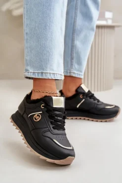 Sneakersy Damskie>Boto Buty Sportowe Damskie Ocieplane Futerkiem Na Platformie Czarne Lerisas