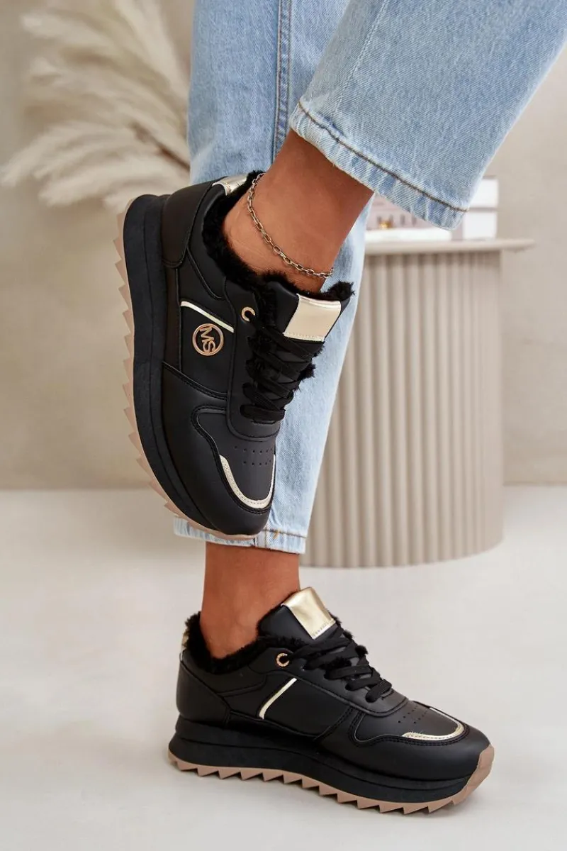 Sneakersy Damskie>Boto Buty Sportowe Damskie Ocieplane Futerkiem Na Platformie Czarne Lerisas