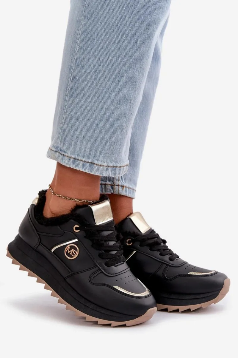 Sneakersy Damskie>Boto Buty Sportowe Damskie Ocieplane Futerkiem Na Platformie Czarne Lerisas