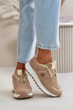 Clearance Boto Buty Sportowe Damskie Ocieplane Futerkiem Na Platformie Khaki Lerisas