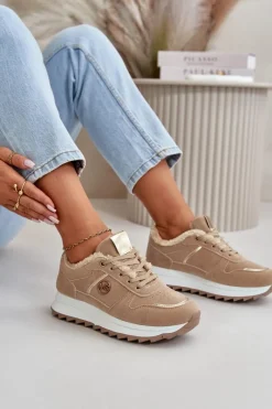 Clearance Boto Buty Sportowe Damskie Ocieplane Futerkiem Na Platformie Khaki Lerisas