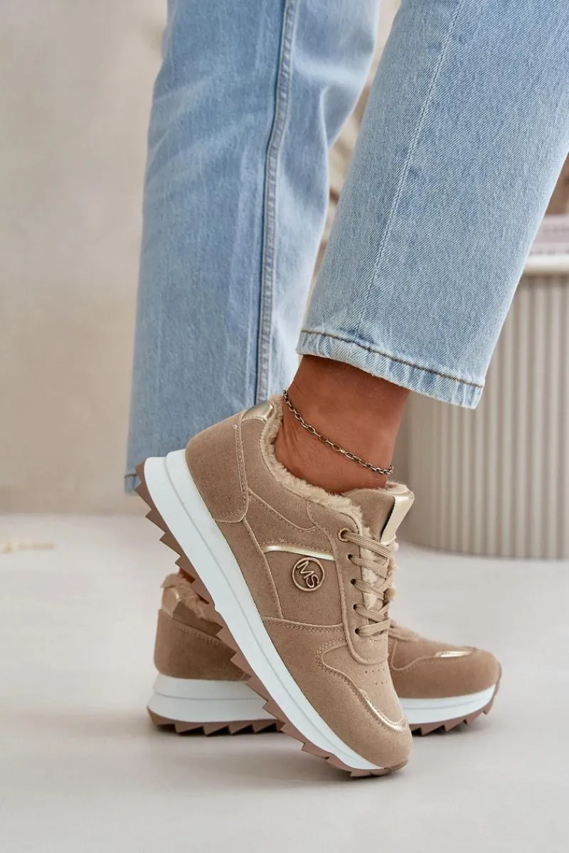 Clearance Boto Buty Sportowe Damskie Ocieplane Futerkiem Na Platformie Khaki Lerisas