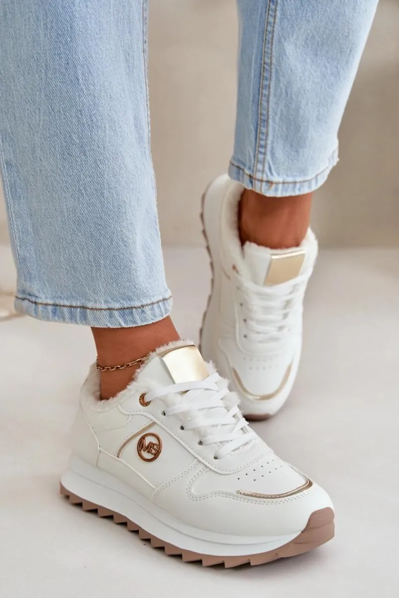 Sale Buty Sportowe Damskie Ocieplane Futerkiem Na Platformie Białe Lerisas Damskie Sneakersy Damskie