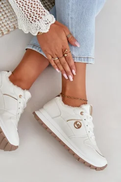 Sale Buty Sportowe Damskie Ocieplane Futerkiem Na Platformie Białe Lerisas Damskie Sneakersy Damskie