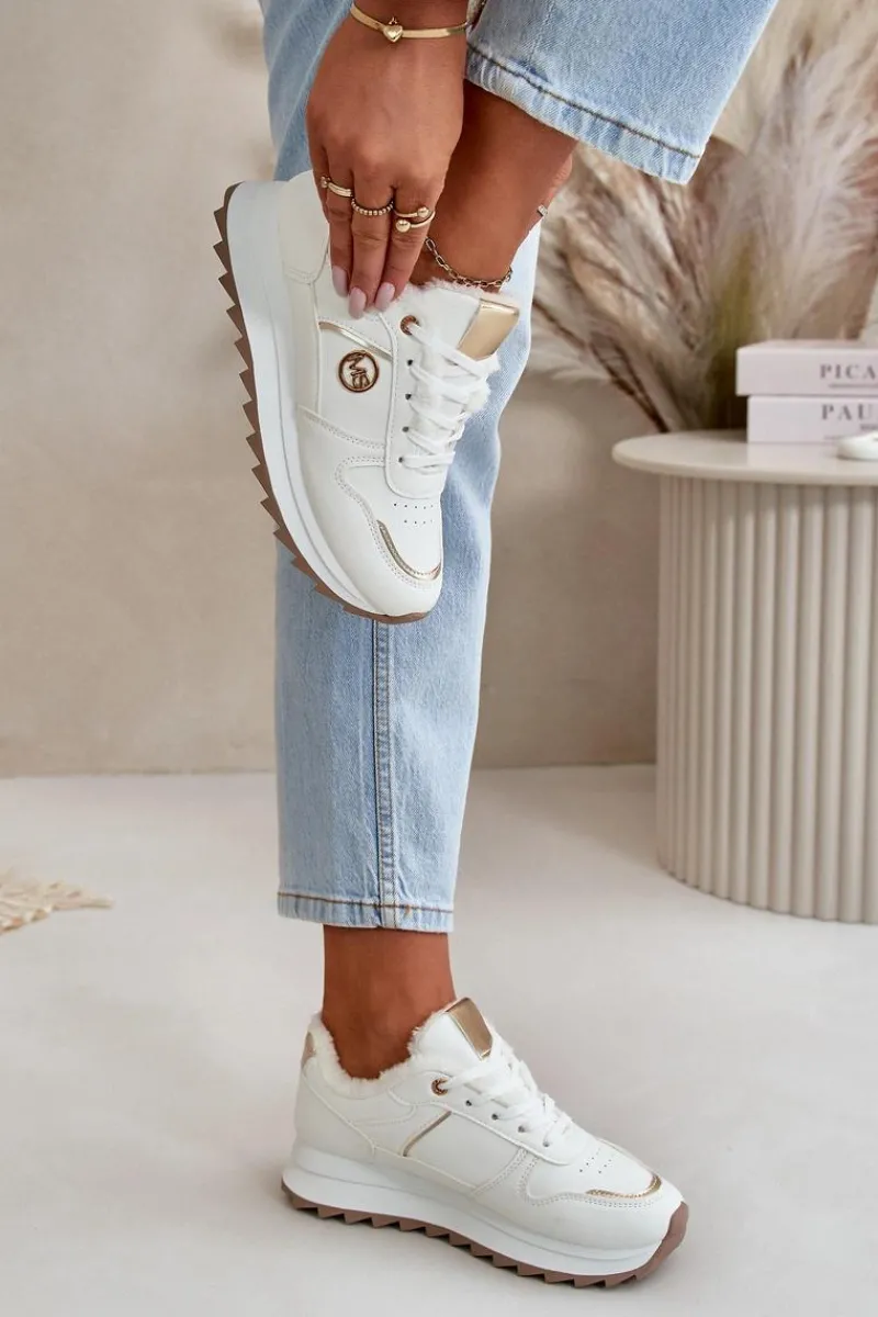 Sale Buty Sportowe Damskie Ocieplane Futerkiem Na Platformie Białe Lerisas Damskie Sneakersy Damskie