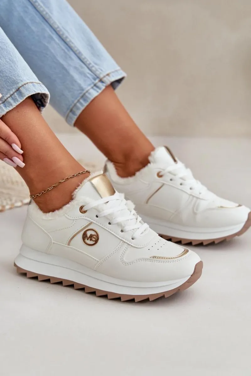 Sale Buty Sportowe Damskie Ocieplane Futerkiem Na Platformie Białe Lerisas Damskie Sneakersy Damskie