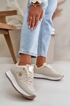 New Buty Sportowe Damskie Ocieplane Futerkiem Na Platformie Jasnobeżowe Lerisas Damskie Sneakersy Damskie