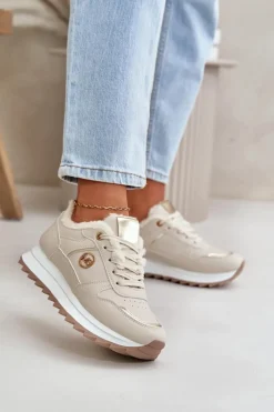 New Buty Sportowe Damskie Ocieplane Futerkiem Na Platformie Jasnobeżowe Lerisas Damskie Sneakersy Damskie