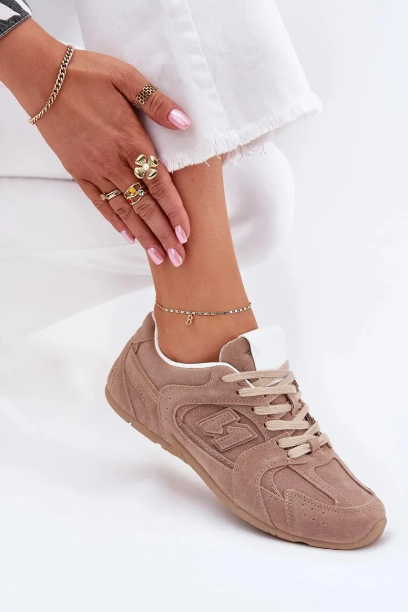 Sneakersy Damskie>Boto Buty Sportowe Damskie Z Eko Zamszu Ciemnobeżowe Dorella