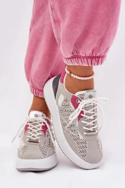 New Boto Buty Sportowe Damskie Z Siateczką I Ćwiekami Szare Ogalda Szary