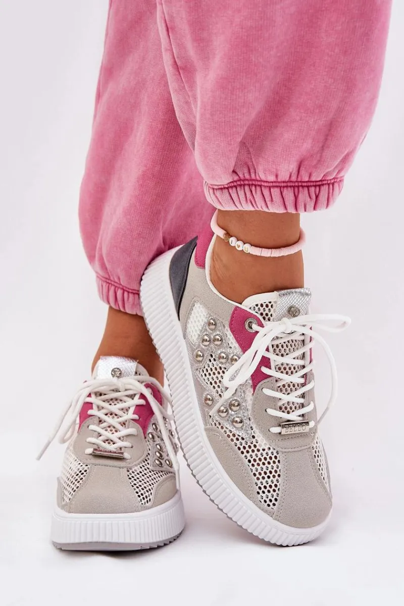 New Boto Buty Sportowe Damskie Z Siateczką I Ćwiekami Szare Ogalda Szary