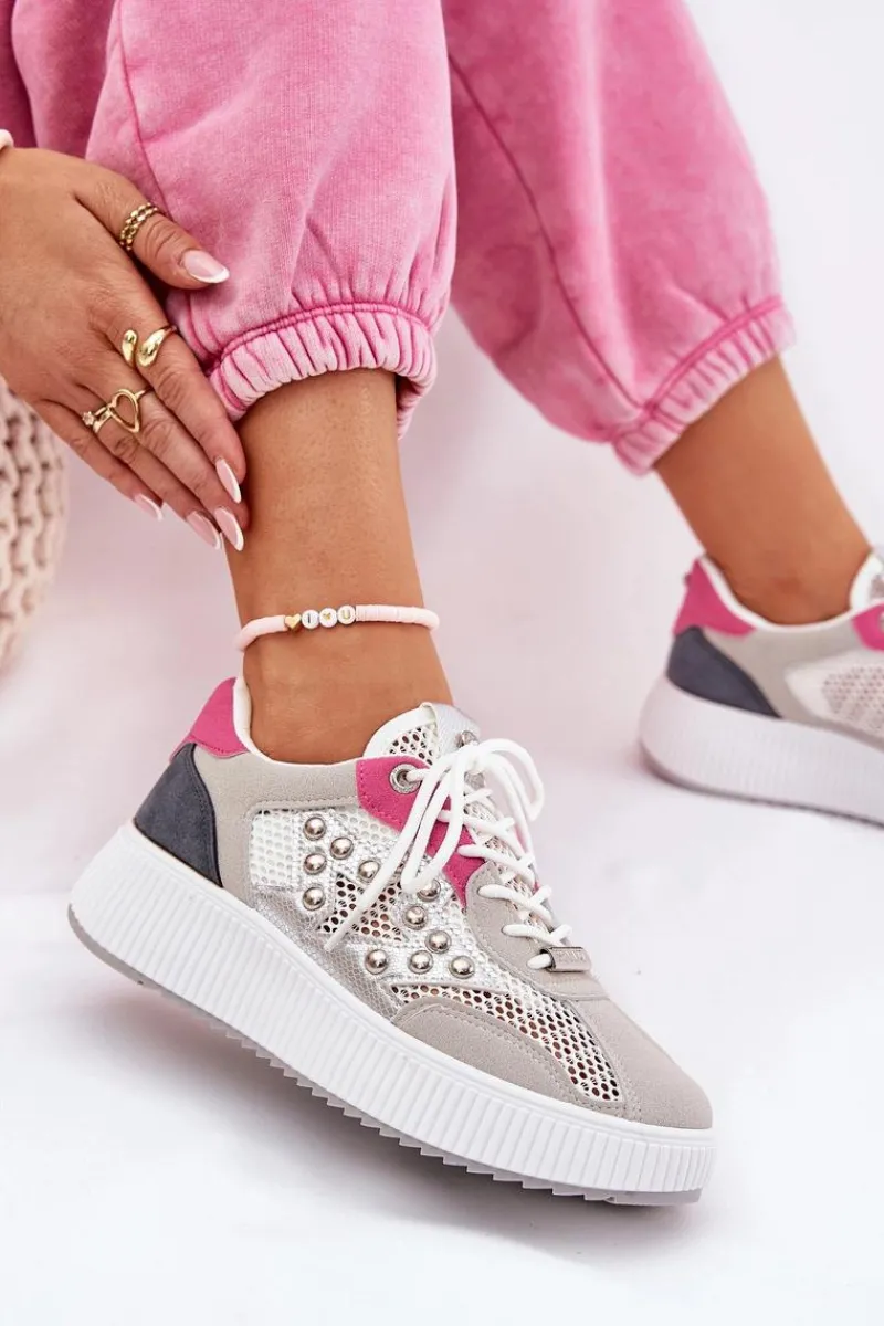 New Boto Buty Sportowe Damskie Z Siateczką I Ćwiekami Szare Ogalda Szary