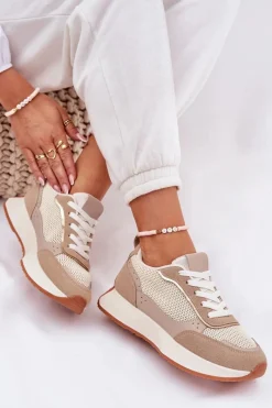 New Buty Sportowe Damskie Z Siateczką Na Platformie Khaki Poova Damskie Buty Sportowe Na Platformie|Sneakersy Damskie