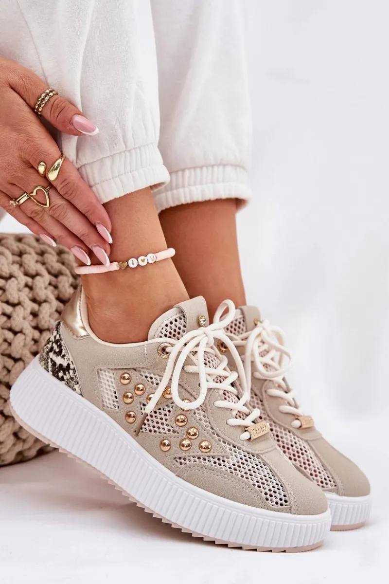 Buty Sportowe Na Platformie|Sneakersy Damskie>Boto Buty Sportowe Damskie Z Siateczką I Ćwiekami Beżowe Ogalda Beżowy
