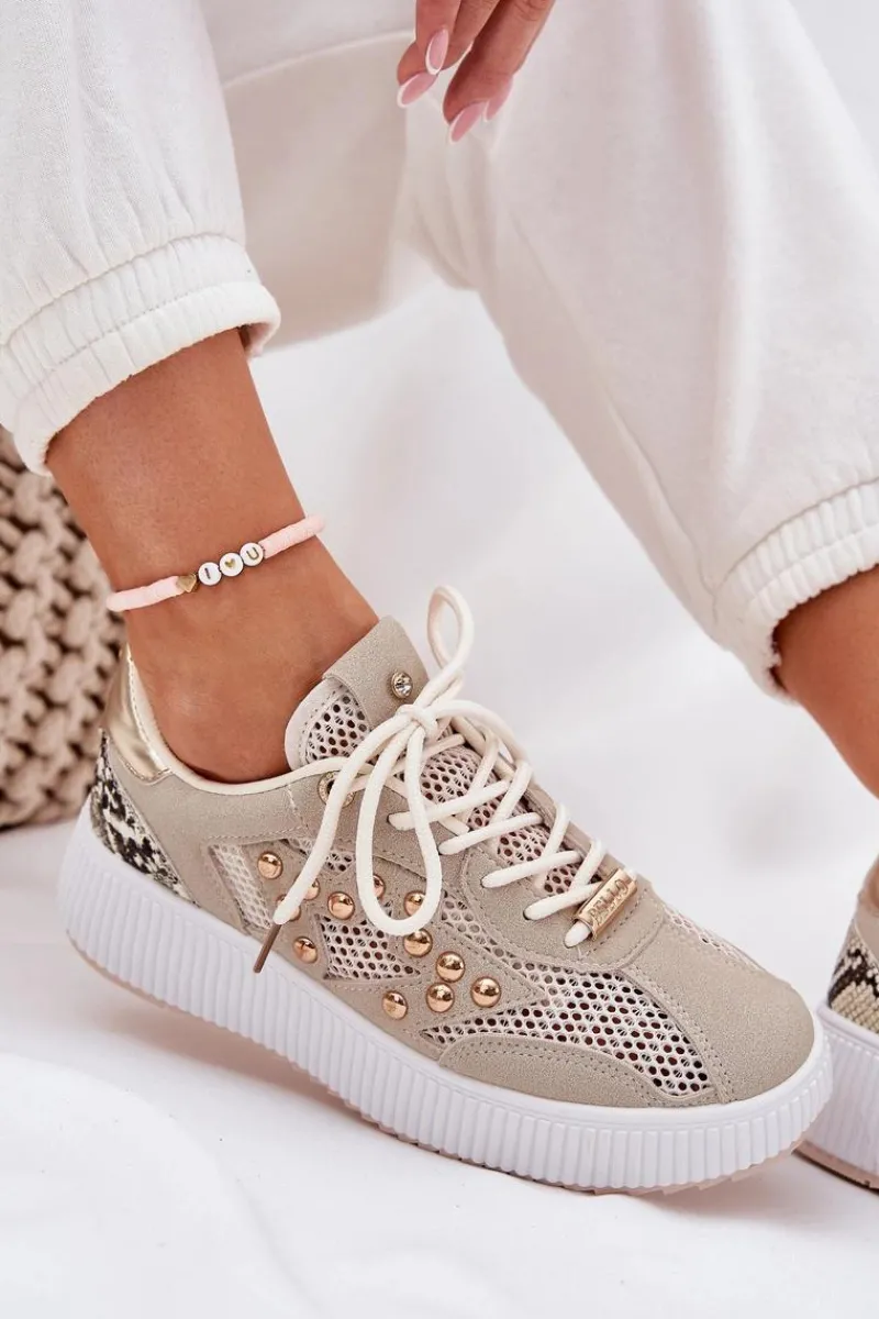 Buty Sportowe Na Platformie|Sneakersy Damskie>Boto Buty Sportowe Damskie Z Siateczką I Ćwiekami Beżowe Ogalda Beżowy