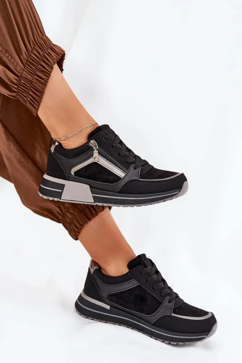 Buty Sportowe Damskie Z Suwakiem Na Platformie Czarne Larys Damskie Sneakersy Damskie