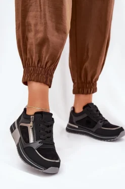 Buty Sportowe Damskie Z Suwakiem Na Platformie Czarne Larys Damskie Sneakersy Damskie