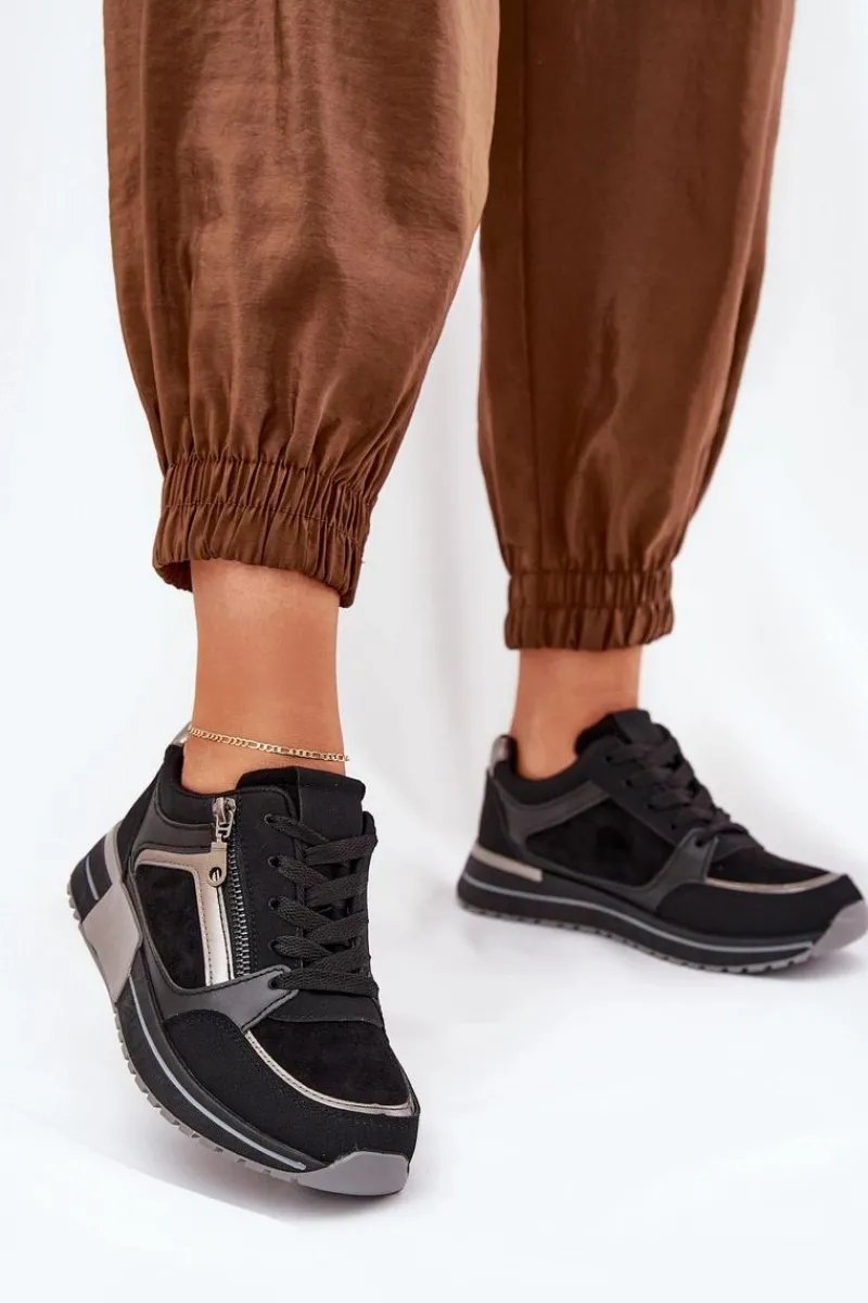 Buty Sportowe Damskie Z Suwakiem Na Platformie Czarne Larys Damskie Sneakersy Damskie