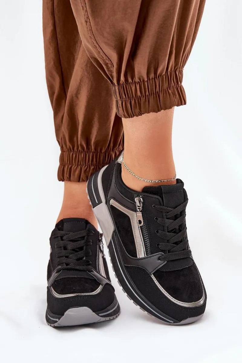 Buty Sportowe Damskie Z Suwakiem Na Platformie Czarne Larys Damskie Sneakersy Damskie