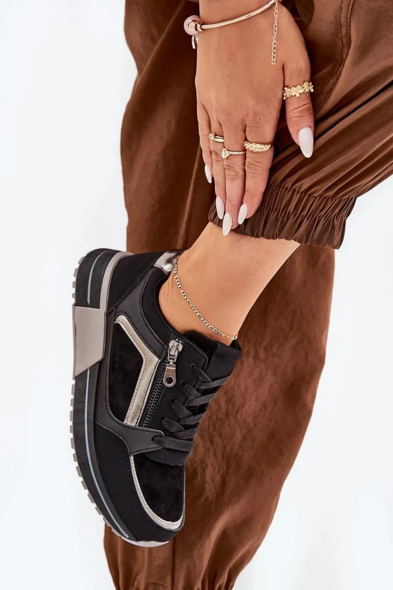 Buty Sportowe Damskie Z Suwakiem Na Platformie Czarne Larys Damskie Sneakersy Damskie