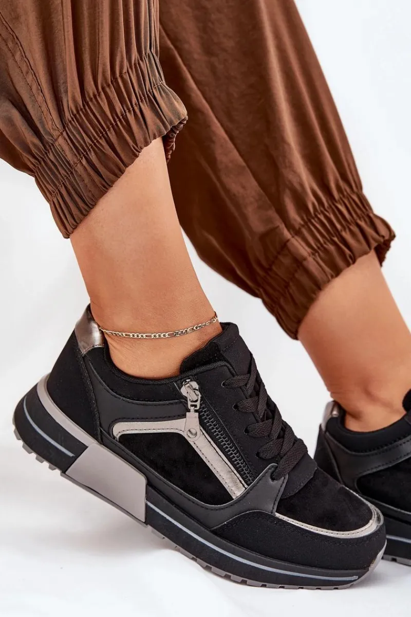 Buty Sportowe Damskie Z Suwakiem Na Platformie Czarne Larys Damskie Sneakersy Damskie