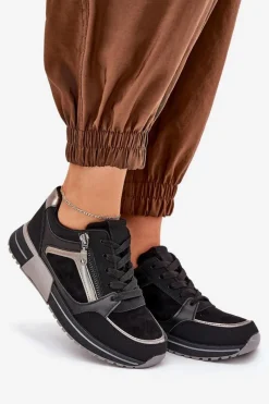 Buty Sportowe Damskie Z Suwakiem Na Platformie Czarne Larys Damskie Sneakersy Damskie