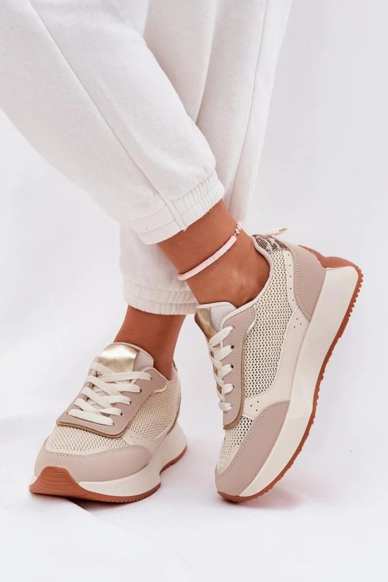 Buty Sportowe Na Platformie|Sneakersy Damskie>Boto Buty Sportowe Damskie Z Siateczką Na Platformie Beżowe Poova Beżowy