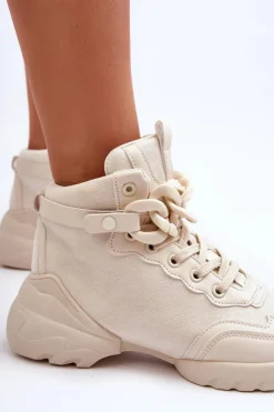 Online Boto Buty Sportowe Damskie Zamszowe Z Łańcuchem Beżowe Tymagio