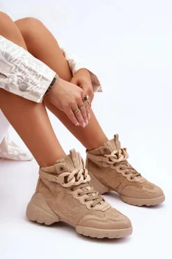 Online Boto Buty Sportowe Damskie Zamszowe Z Łańcuchem Ciemnobeżowe Tymagio
