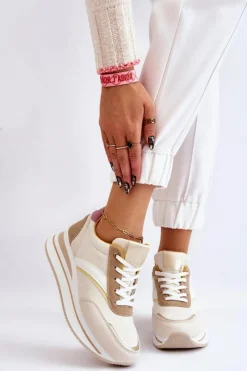 Outlet Buty Sportowe Na Koturnie Beżowe Hermain Damskie Sneakersy Damskie