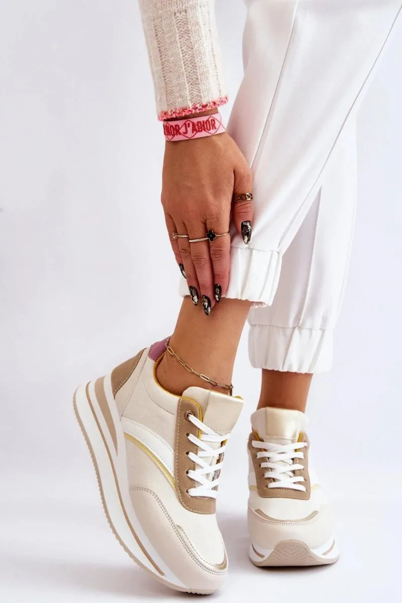 Outlet Buty Sportowe Na Koturnie Beżowe Hermain Damskie Sneakersy Damskie