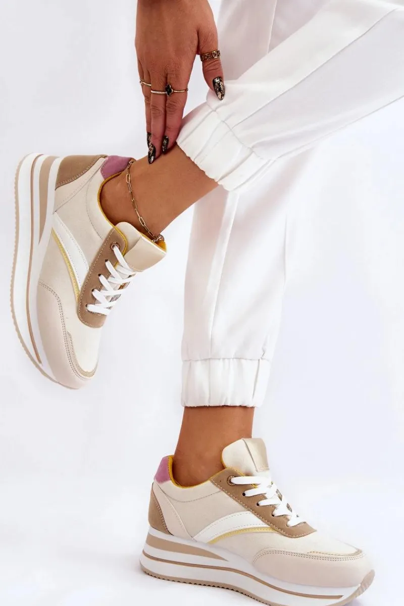 Outlet Buty Sportowe Na Koturnie Beżowe Hermain Damskie Sneakersy Damskie