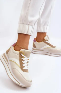 Outlet Buty Sportowe Na Koturnie Beżowe Hermain Damskie Sneakersy Damskie
