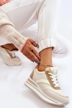 Outlet Buty Sportowe Na Koturnie Beżowe Hermain Damskie Sneakersy Damskie