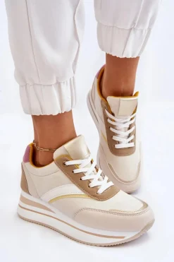 Outlet Buty Sportowe Na Koturnie Beżowe Hermain Damskie Sneakersy Damskie