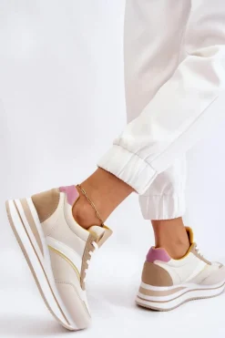 Outlet Buty Sportowe Na Koturnie Beżowe Hermain Damskie Sneakersy Damskie