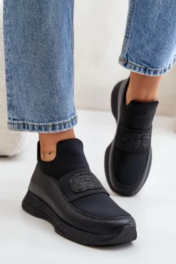 Hot Artiker Buty Sportowe Na Platformie Skórzane Czarne 55C0035