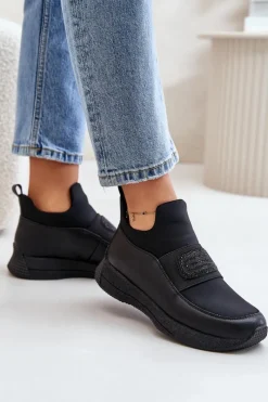 Hot Artiker Buty Sportowe Na Platformie Skórzane Czarne 55C0035